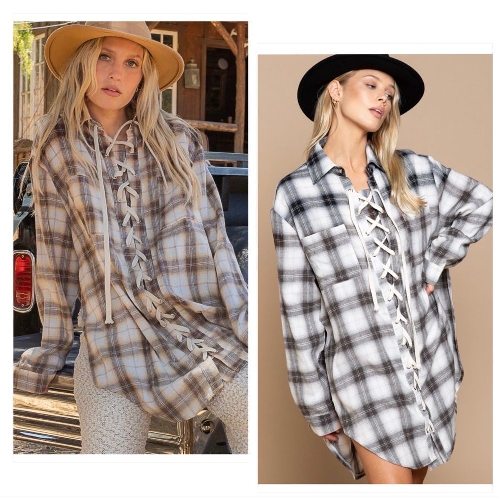 𝅺pol Boho Brown multi Lace Up Front Shirt - Picture 5 of 16